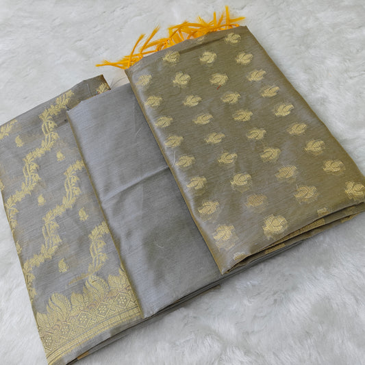 Banarasi cotton 3pcs suit in light grey