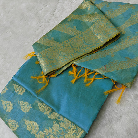 Banarasi cotton 3pcs suit in light firozi colour