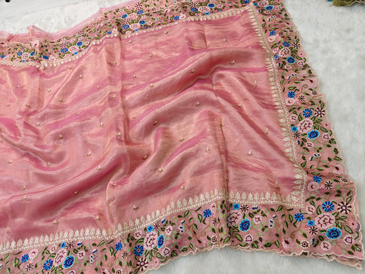 Pure tissue cross stitch embroidery wark saree