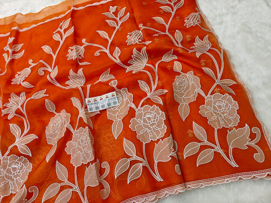 Pure kora organza tissue applique wark saree