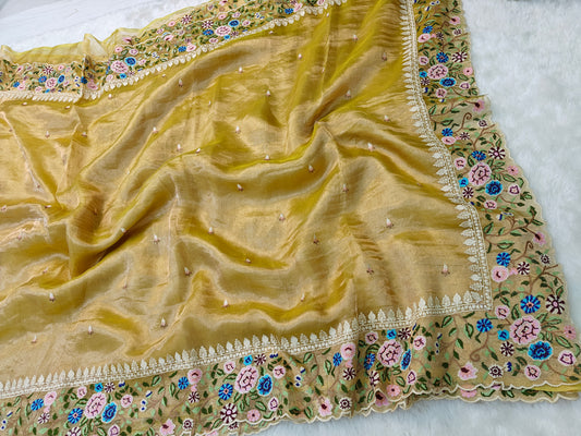 Pure tissue silk cross stitch embroidery wark saree