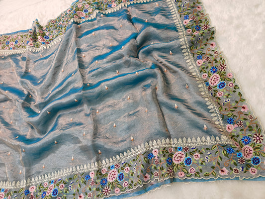 Pure tissue silk cross stitch embroidery wark saree