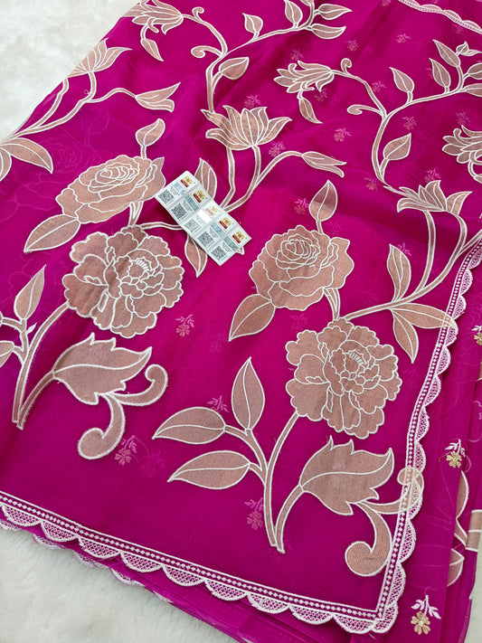 Pure kora organza tissue applique wark saree