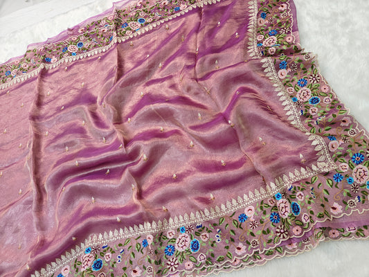 Pure tissue cross stitch embroidery wark saree