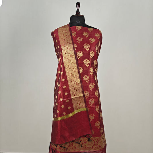 Banarasi cotton 3pcs suit in dark maroon