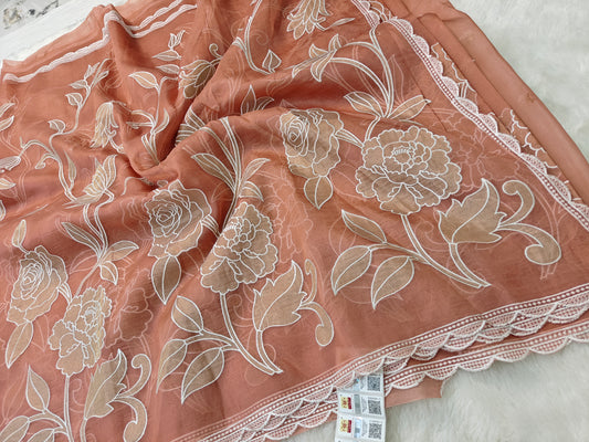 Pure kora organza tissue applique wark saree