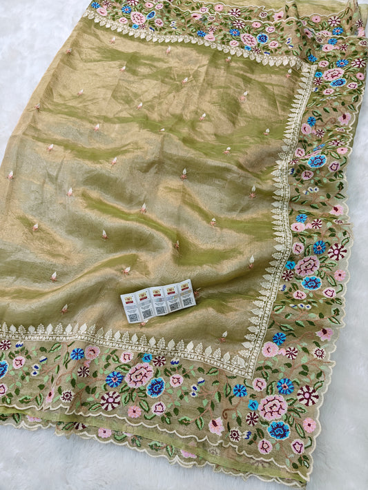 Pure tissue silk cross stitch embroidery wark saree