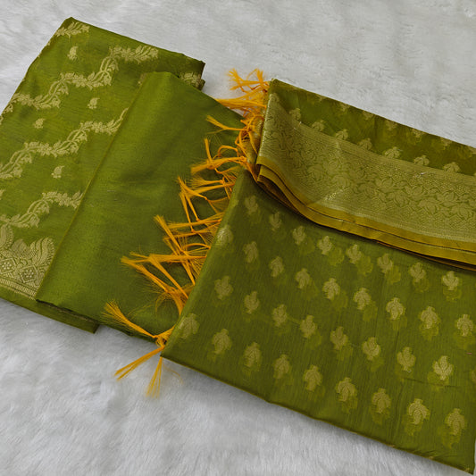 Banarasi cotton 3 pcs suit in olive green