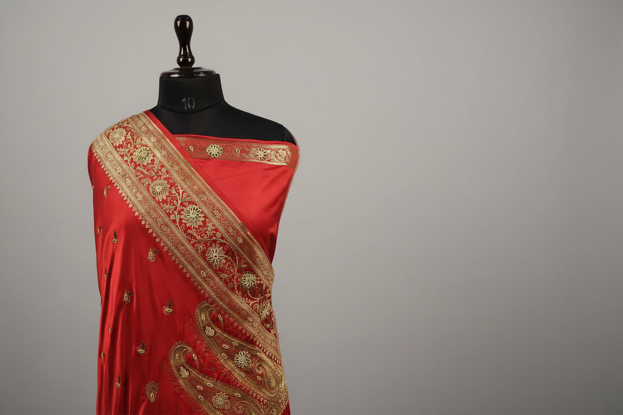 Red saree with gold embroidery on a mannequin against a beige background