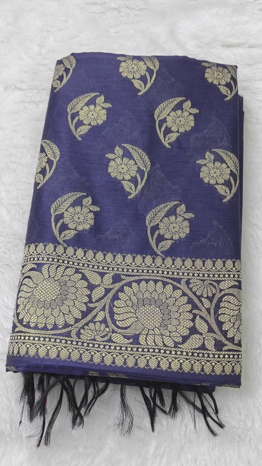 Banarasi cotton 3pcs suite in navy blue