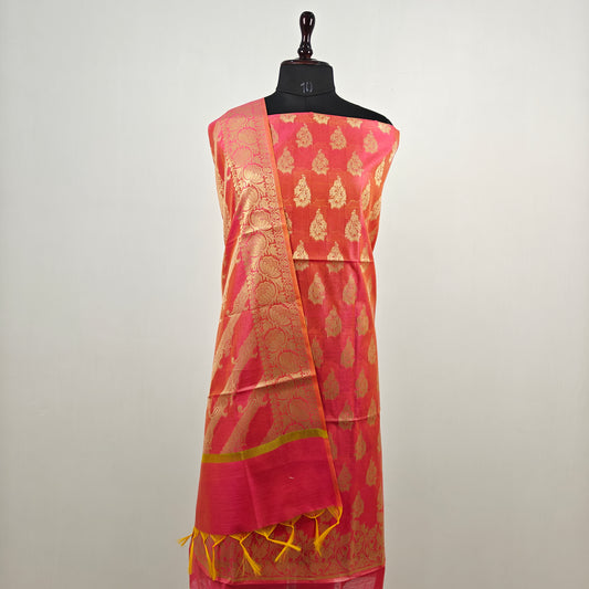 Banarasi cotton 3pcs suit in Rani pink