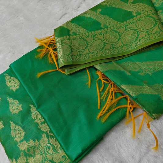Banarasi cotton 3pcs suit in light parrot green colour