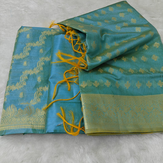 Banarasi cotton 3pcs suit in sea green colour