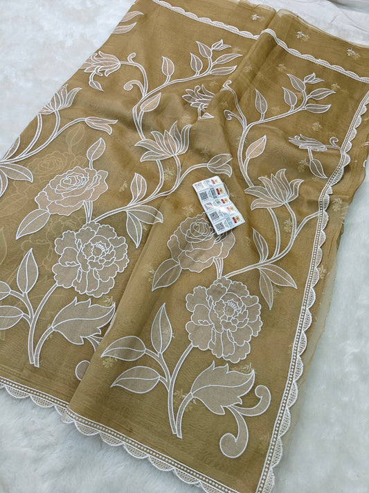 Pure kora organza tissue applique wark saree