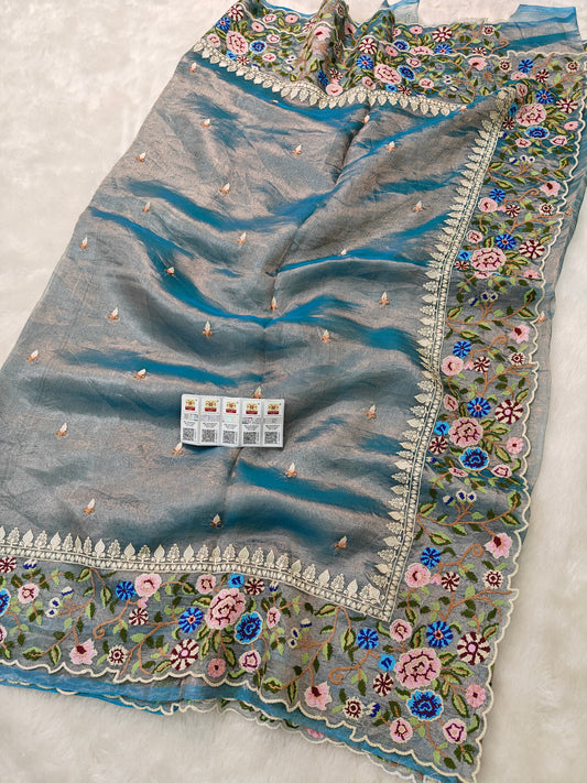 Pure tissue silk cross stitch embroidery wark saree