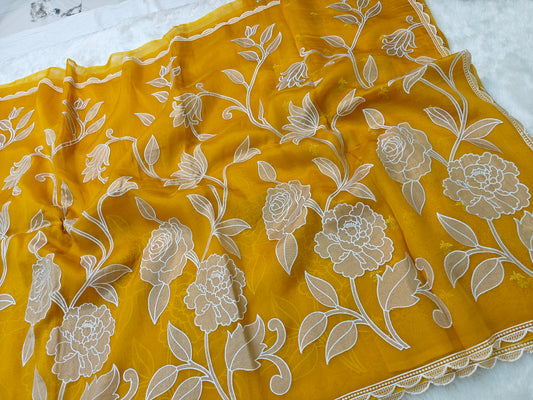 Pure kora organza tissue applique wark saree