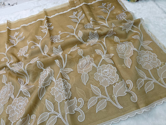 Pure kora organza tissue applique wark saree