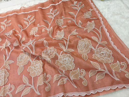 Pure kora organza tissue applique wark saree