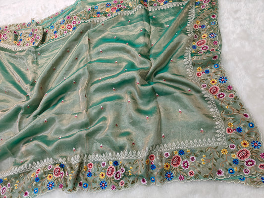 Pure tissue silk cross stitch embroidery wark saree
