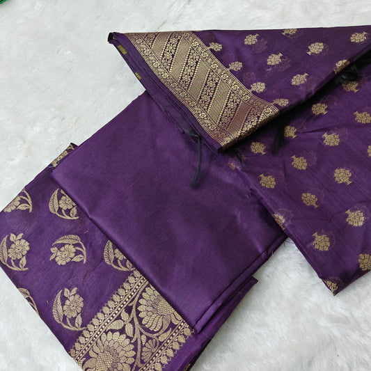 Banarasi cotton 3pcs suit in dark purple colour