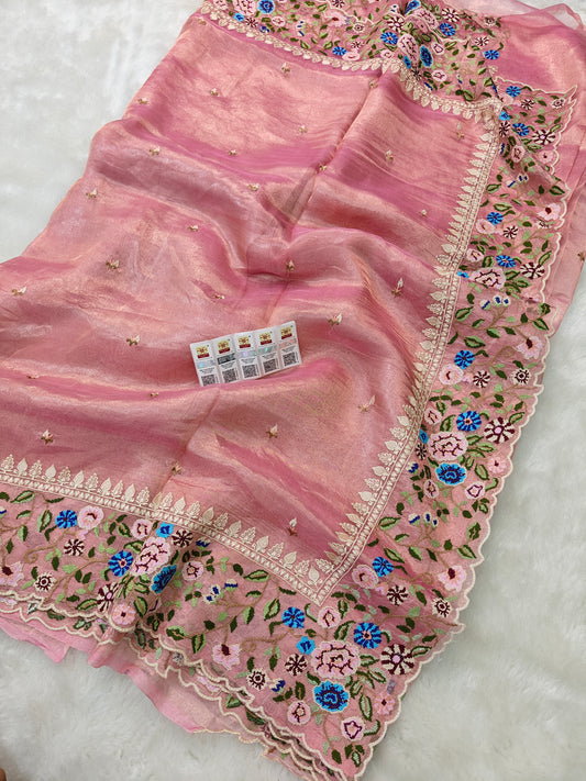 Pure tissue cross stitch embroidery wark saree