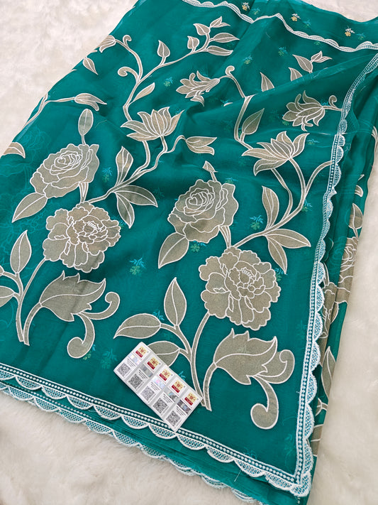 Pure kora organza tissue applique wark saree