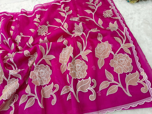 Pure kora organza tissue applique wark saree