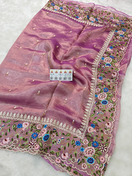 Pure tissue cross stitch embroidery wark saree