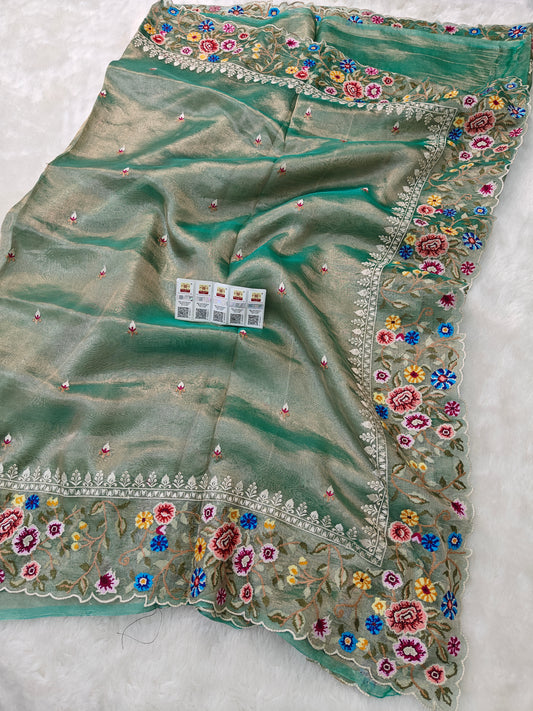 Pure tissue silk cross stitch embroidery wark saree