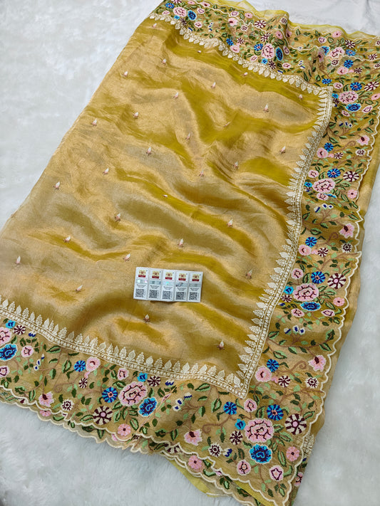 Pure tissue silk cross stitch embroidery wark saree