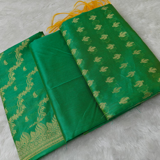 Banarasi cotton 3pcs suit in light parrot green