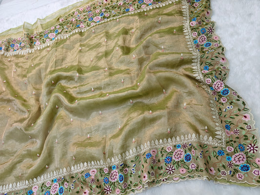 Pure tissue silk cross stitch embroidery wark saree