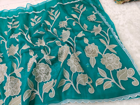 Pure kora organza tissue applique wark saree