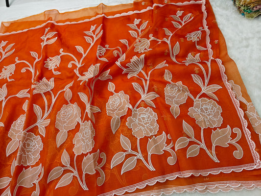 Pure kora organza tissue applique wark saree