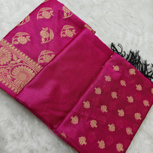 Banarasi cotton 3pcs suit in Rani