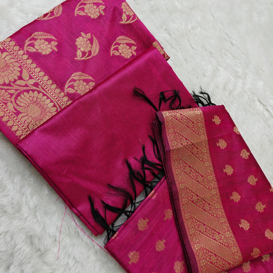 Banarasi cotton 3pcs suit in Rani pink