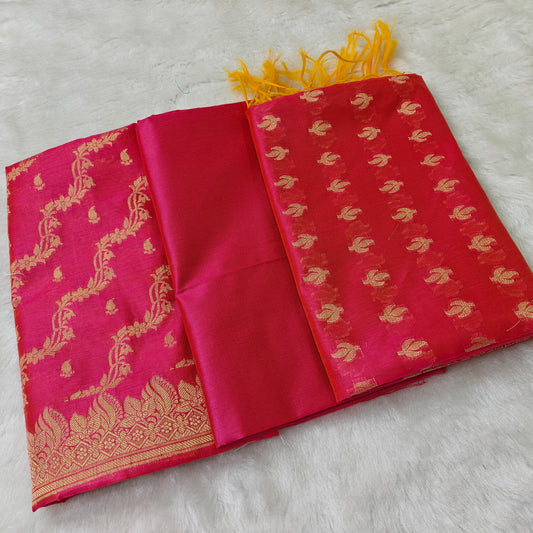 Banarasi cotton 3pcs suit in Rani pink