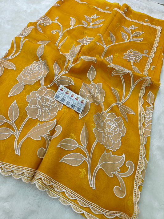 Pure kora organza tissue applique wark saree